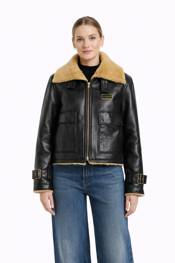 Pelleaura Women’s Black Leather Shearling Aviator Jacket – Genuine Leather Biker Coat with Fur Collar
