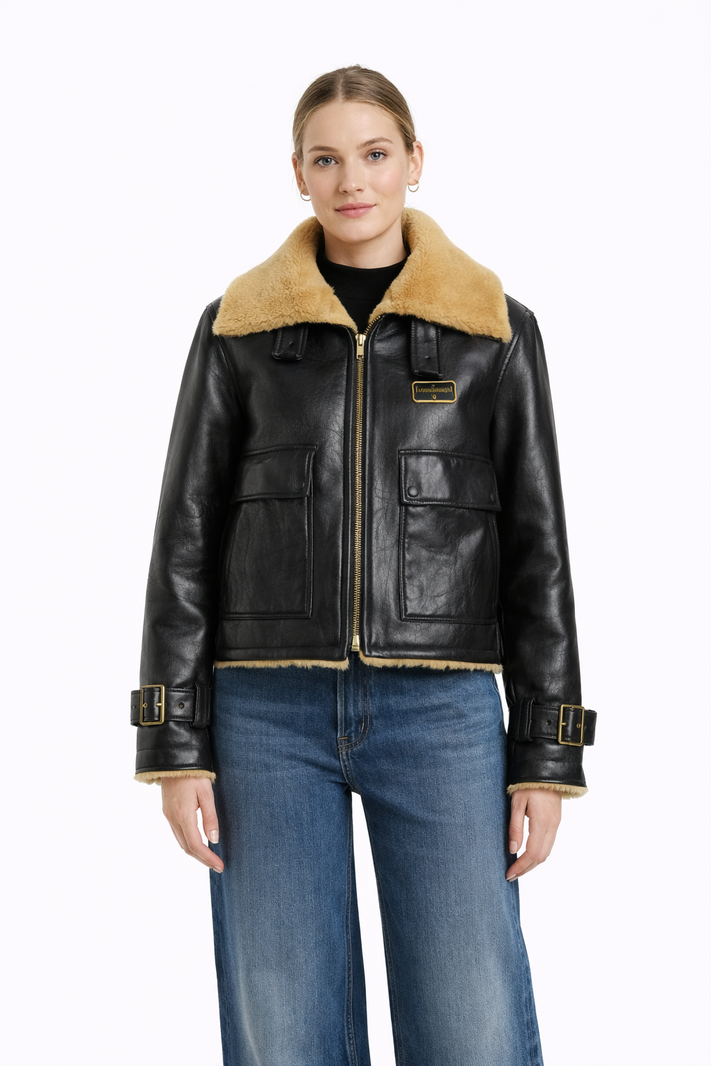 Pelleaura Women’s Black Leather Shearling Aviator Jacket – Genuine Leather Biker Coat with Fur Collar My Store