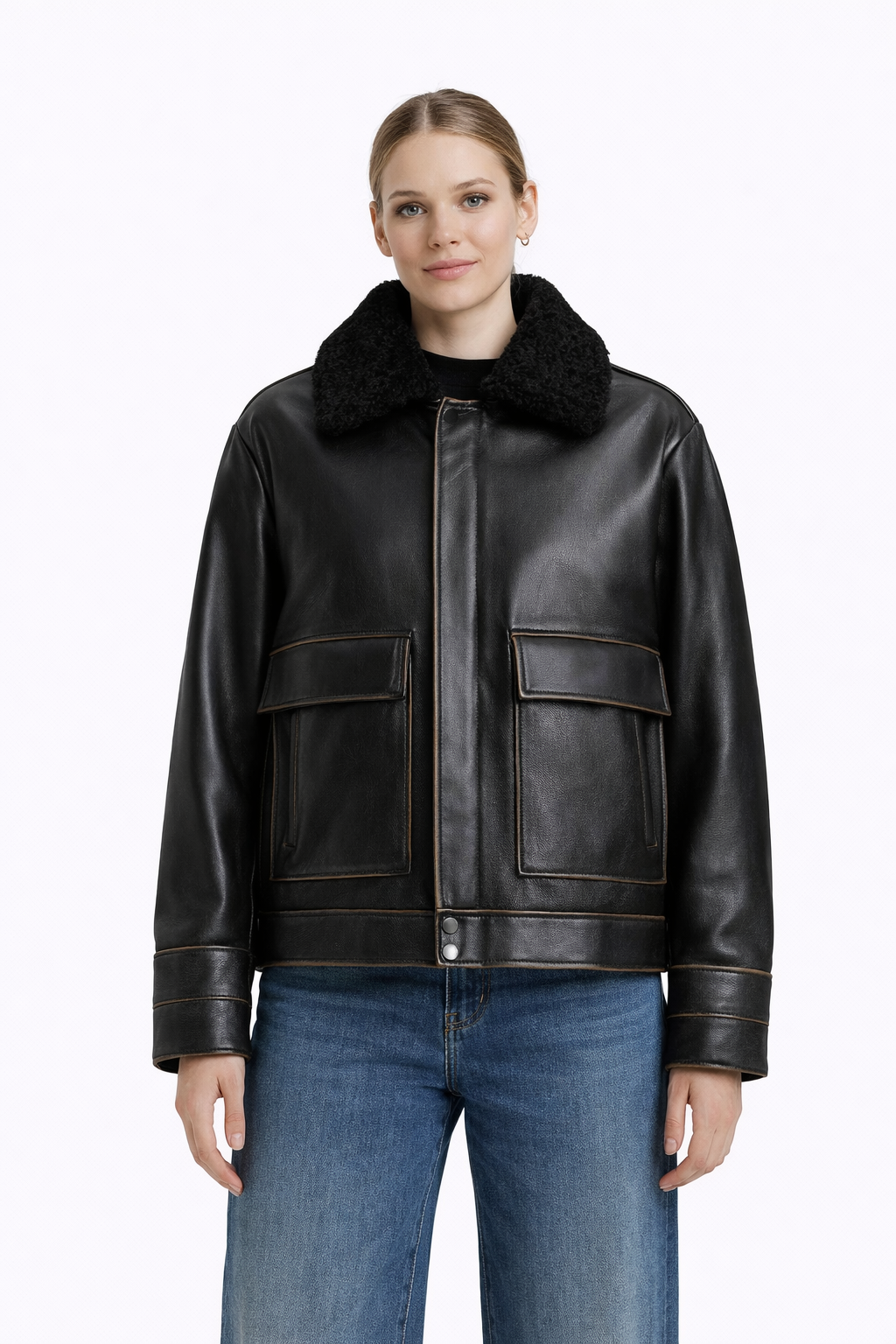 Pelleaura Women’s Black Leather Aviator Jacket with Shearling Collar – Premium Winter Bomber Jacket My Store
