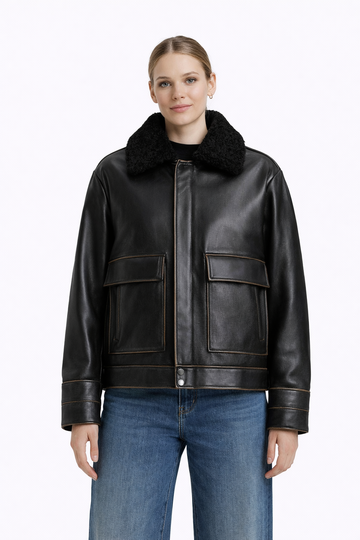 Pelleaura Women’s Black Leather Aviator Jacket with Shearling Collar – Premium Winter Bomber Jacket My Store