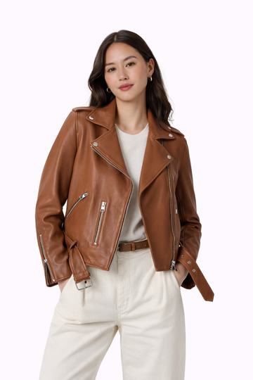 Pelleaura Women’s Cognac Brown Leather Biker Jacket – Asymmetrical Zip Moto Jacket for Women