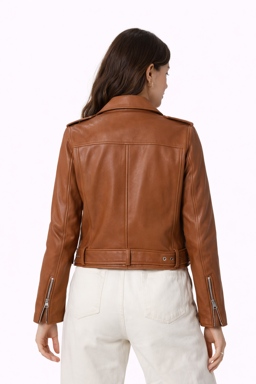 Pelleaura Women’s Cognac Brown Leather Biker Jacket – Asymmetrical Zip Moto Jacket for Women