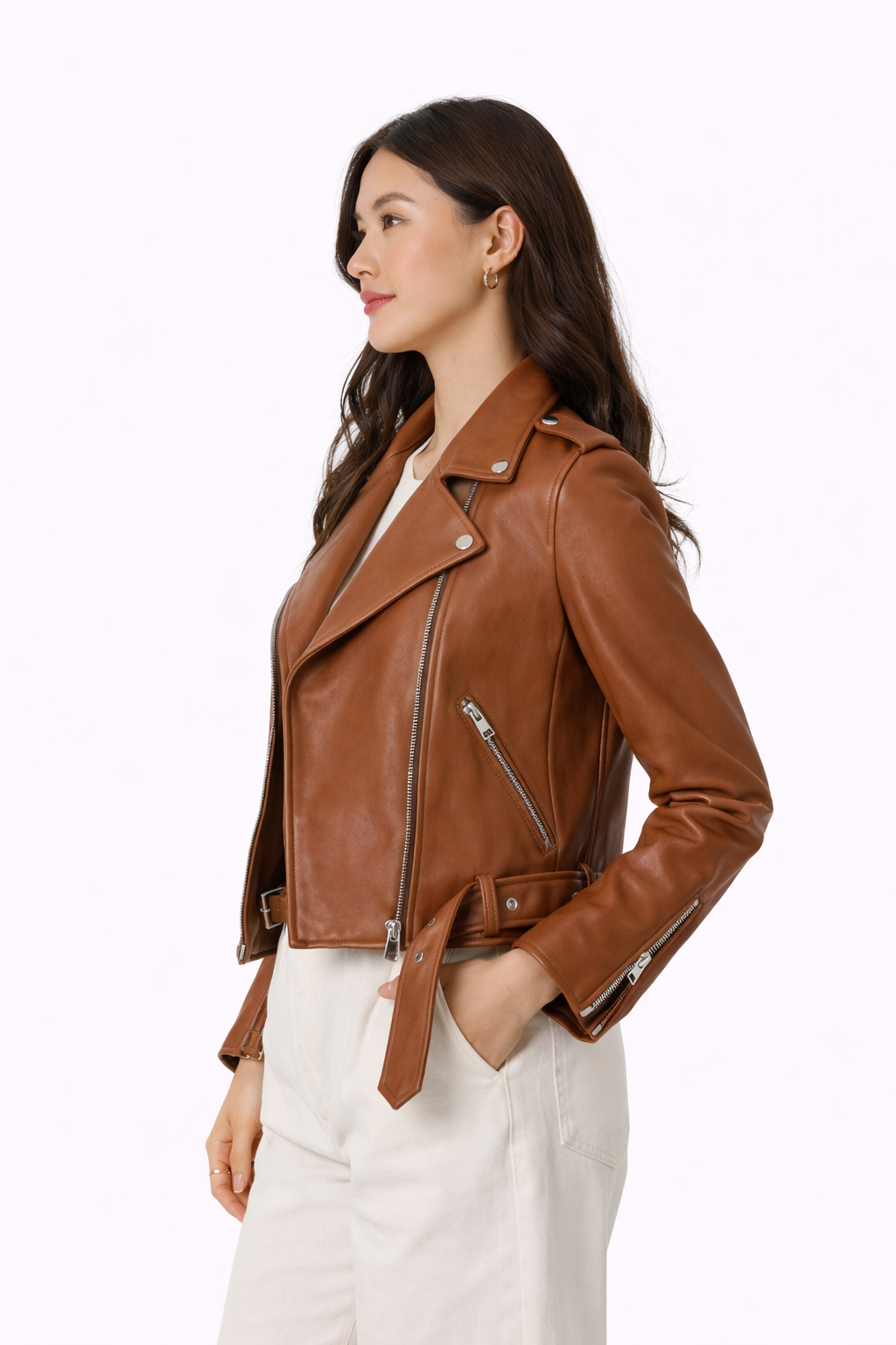 Pelleaura Women’s Cognac Brown Leather Biker Jacket – Asymmetrical Zip Moto Jacket for Women