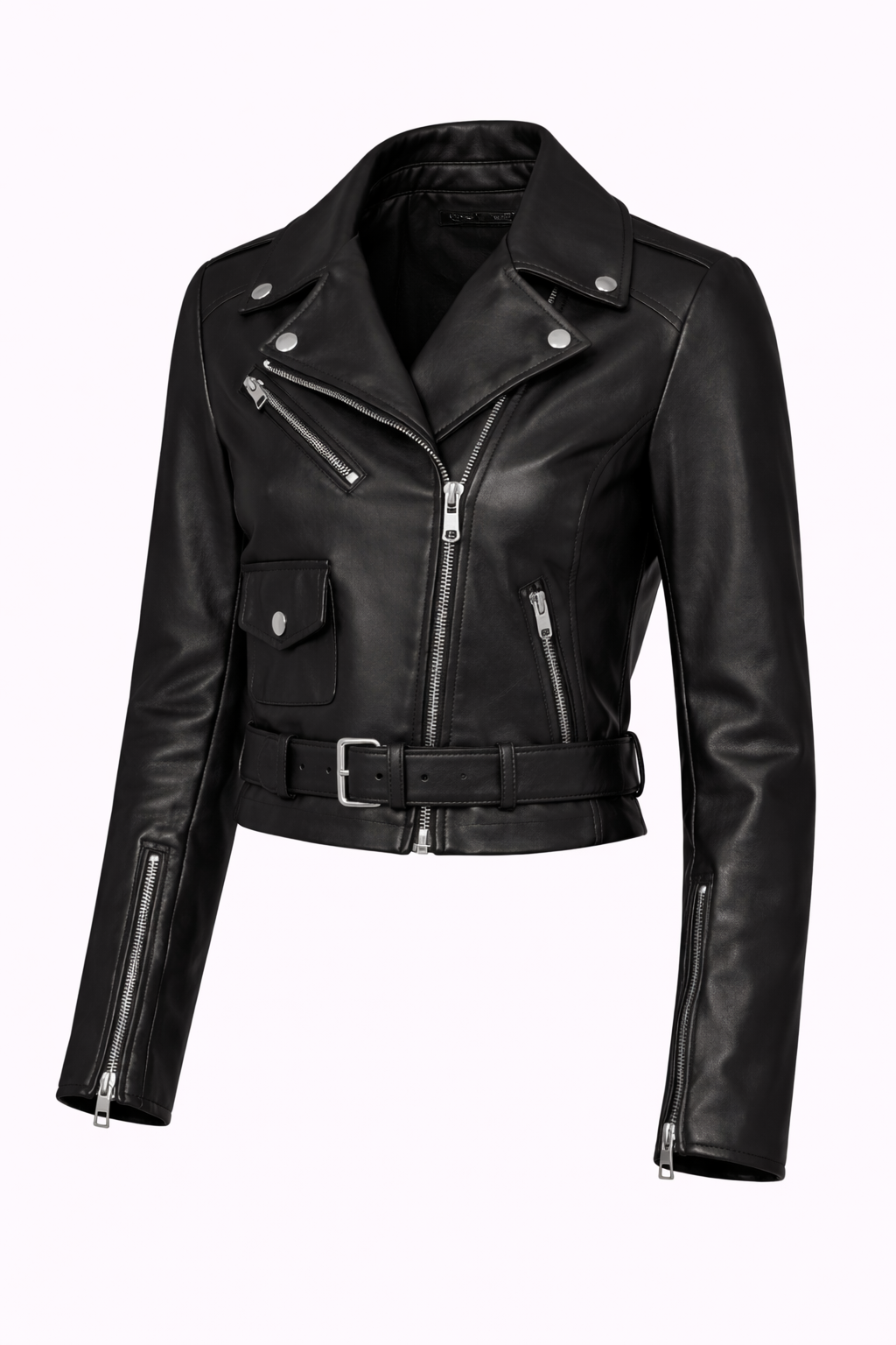 Pelleaura Women’s Black Nappa Leather Biker Jacket – Slim Fit Moto Jacket with Belt