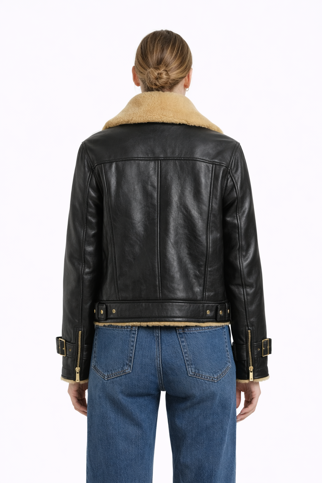 Pelleaura Women’s Black Leather Shearling Aviator Jacket – Genuine Leather Biker Coat with Fur Collar