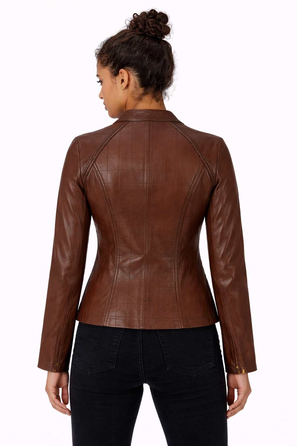Pelleaura Women’s Brown Quilted Leather Jacket – Slim Fit Zip-Up Moto Style