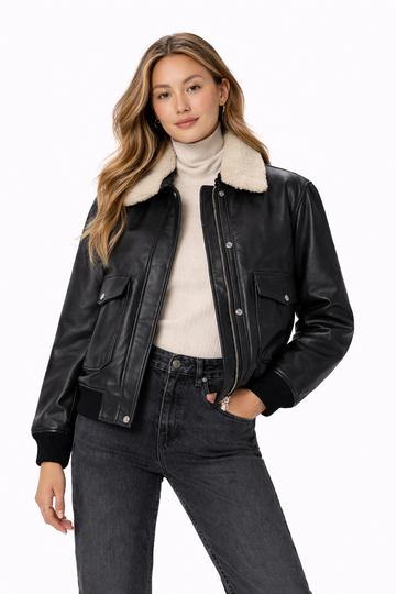 Pelleaura Women’s Black Leather Aviator Jacket with Shearling Collar