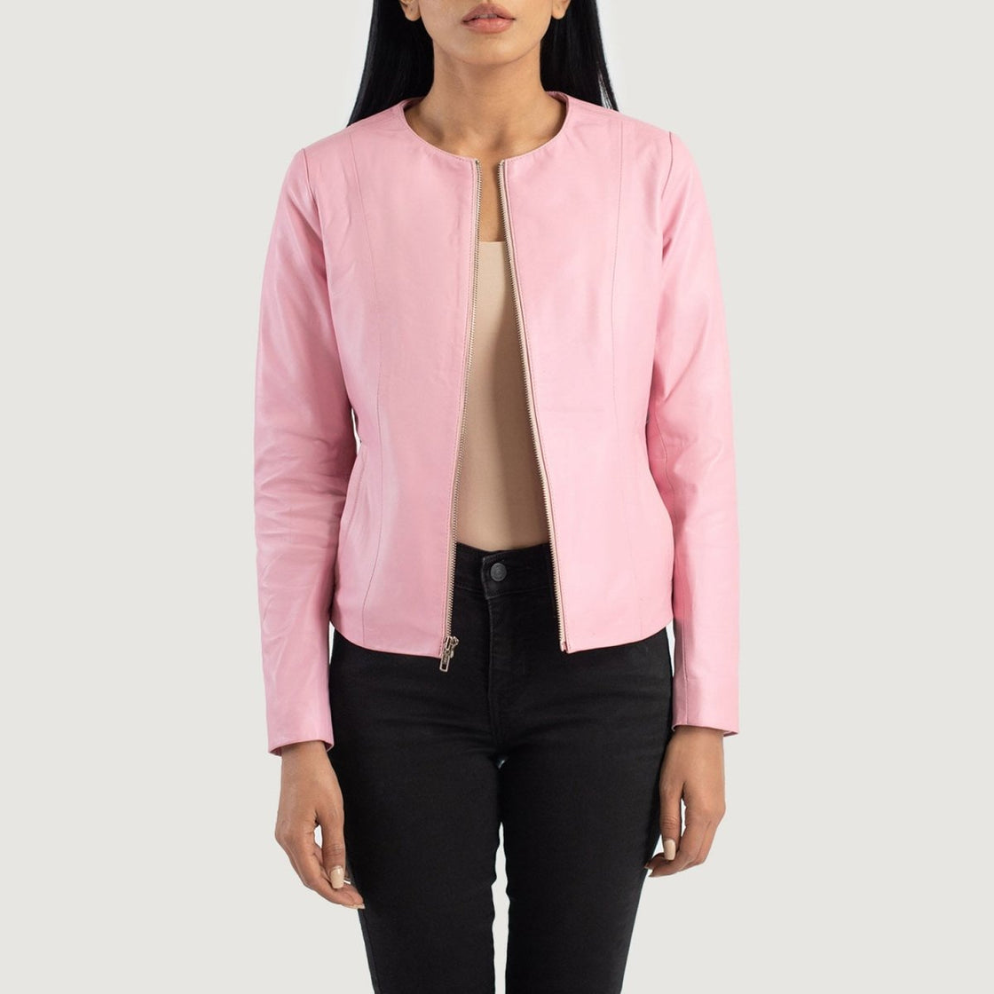Women's Elixir Pink Collarless Leather Jacket - Pelleaura | Premium Quality Leather Stuff Brand USA