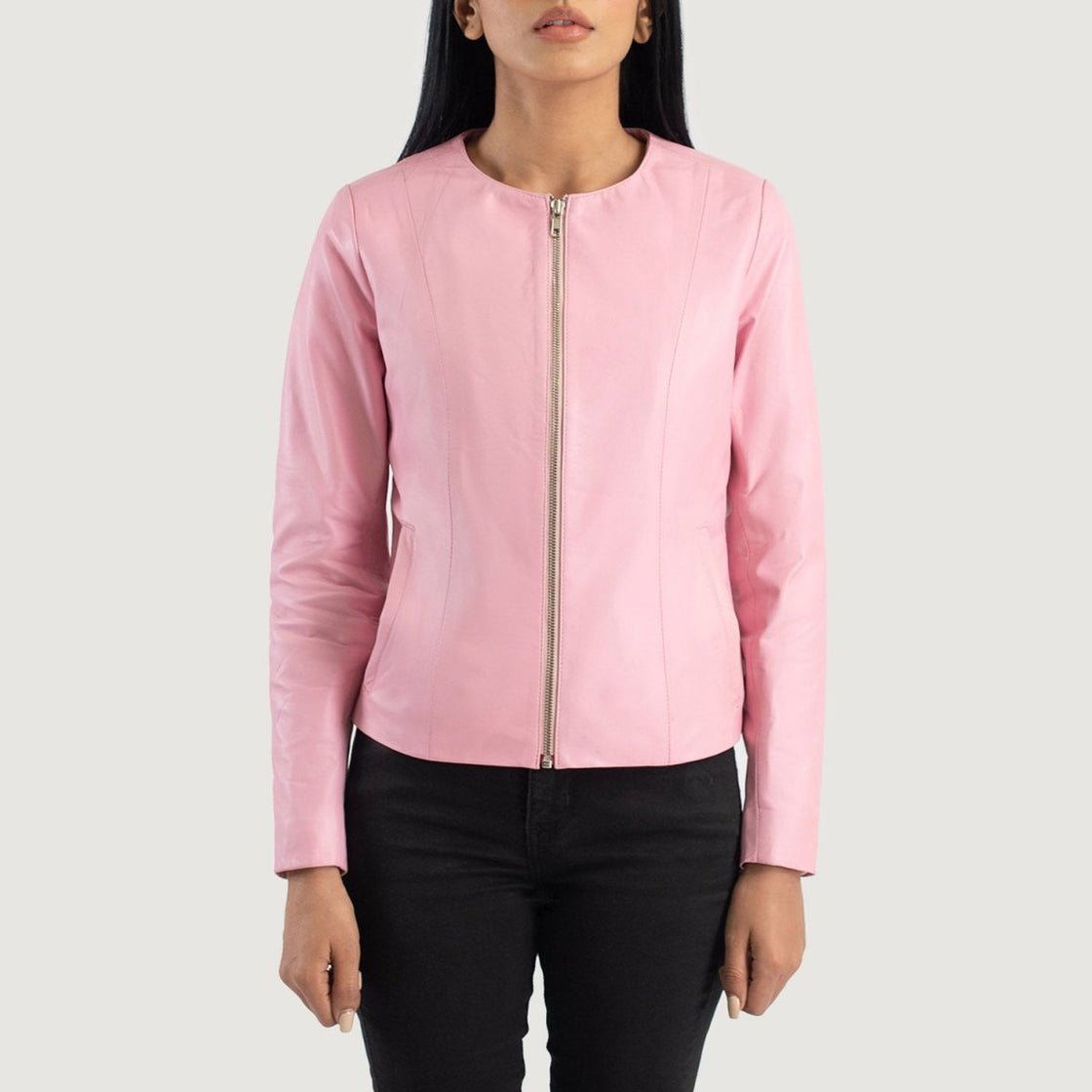 Women's Elixir Pink Collarless Leather Jacket - Pelleaura | Premium Quality Leather Stuff Brand USA