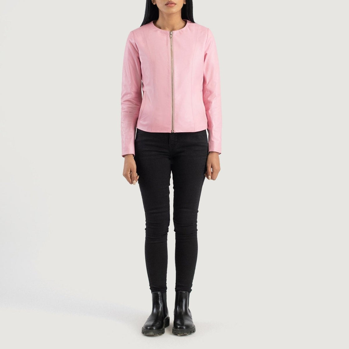 Women's Elixir Pink Collarless Leather Jacket - Pelleaura | Premium Quality Leather Stuff Brand USA