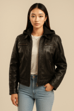 Hector Black Hooded Leather Biker Jacket for Women - Pelleaura | Premium Quality Leather Stuff Brand USA