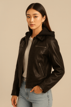 Hector Black Hooded Leather Biker Jacket for Women - Pelleaura | Premium Quality Leather Stuff Brand USA