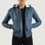 Luna Blue Hooded Leather Bomber Jacket - Pelleaura | Premium Quality Leather Stuff Brand USA